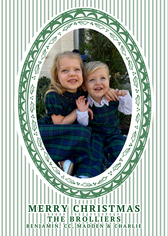 Green stripe oval frame holiday card