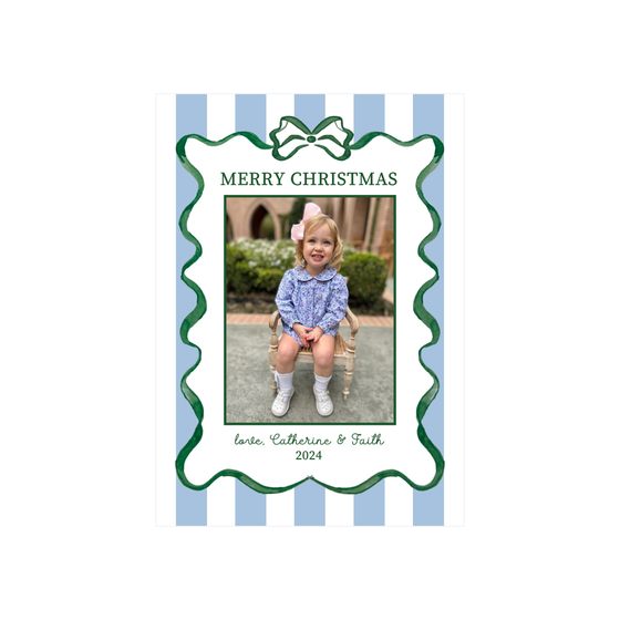 Watercolor Green Ribbon Blue Stripe Holiday Card