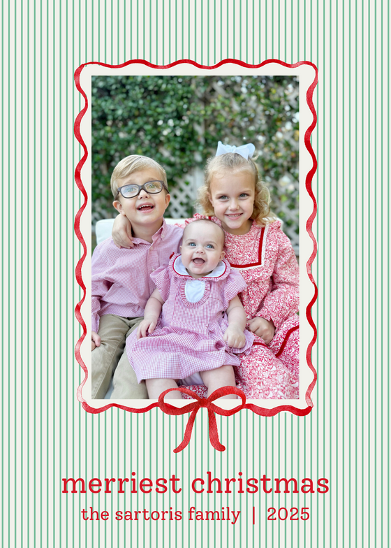 Green and Red pinstripe bow holiday card