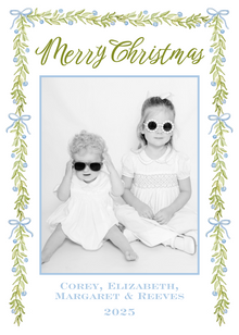  Blue Bow Garland Watercolor Holiday Card