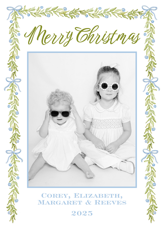 Blue Bow Garland Watercolor Holiday Card