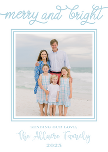  merry and bright blue holiday card