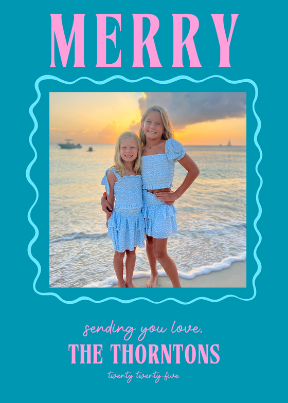 turquoise and pink wavy frame holiday card