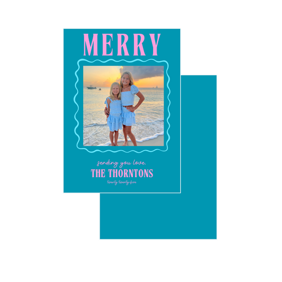 turquoise and pink wavy frame holiday card