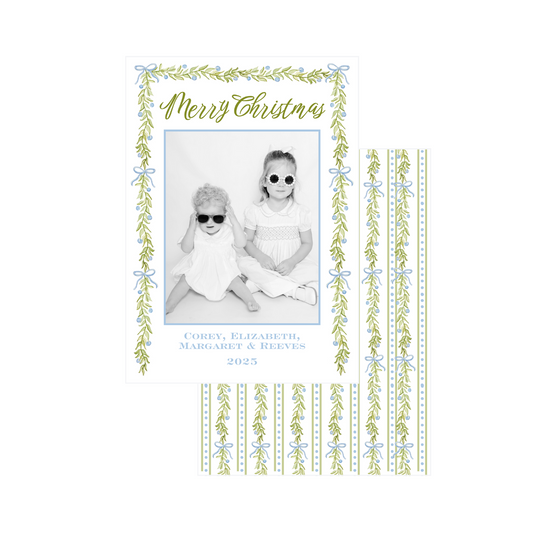 Blue Bow Garland Watercolor Holiday Card