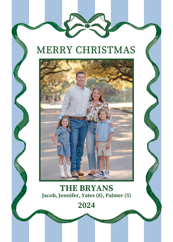 Watercolor Green Ribbon Blue Stripe Holiday Card