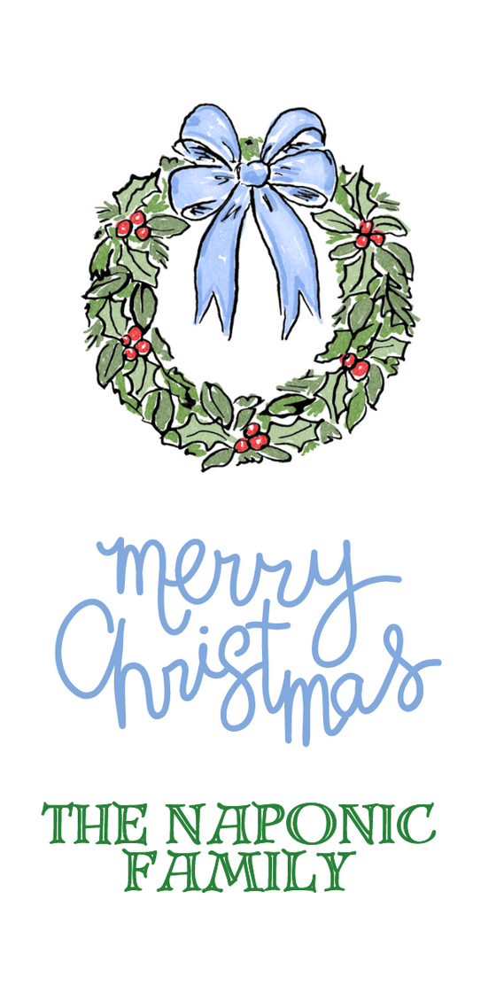 Blue Bow Wreath Rectangular Holiday Gift Tag
