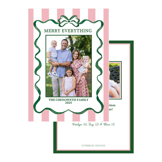 Watercolor Green Ribbon Pink Stripe Holiday Card