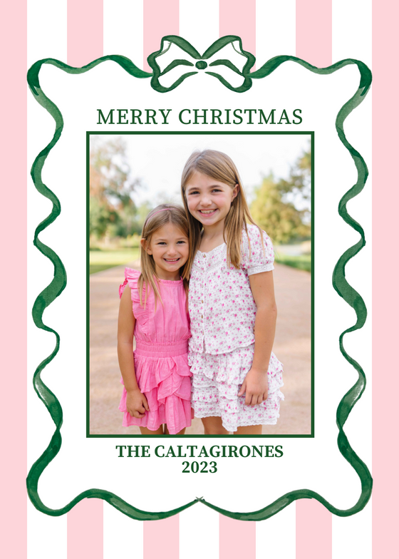 Watercolor Green Ribbon Pink Stripe Holiday Card