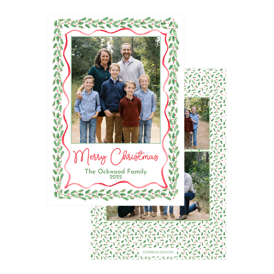Holly Red Ribbon Holiday Card