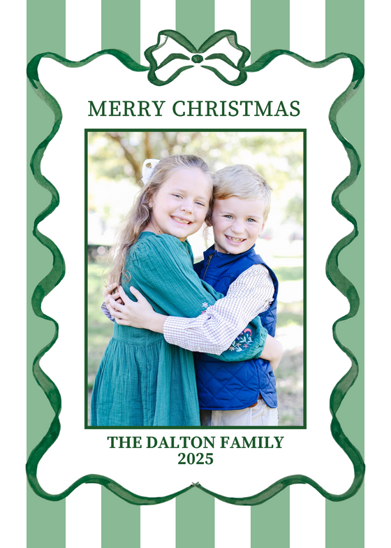 Watercolor Green Ribbon Green Stripe Holiday Card