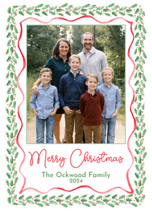  Holly Red Ribbon Holiday Card