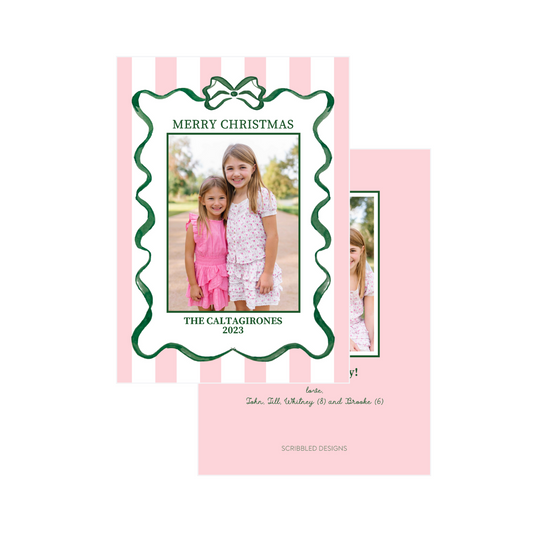 Watercolor Green Ribbon Pink Stripe Holiday Card