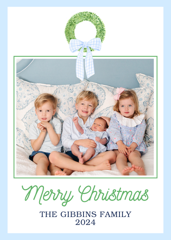 Blue Bow Wreath Holiday Card